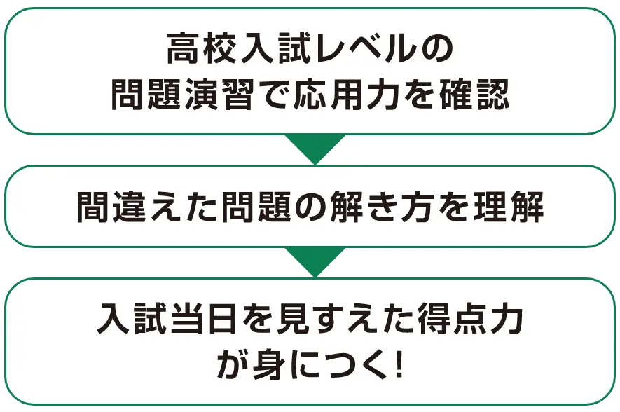 高校入試レベルの問題演習で応用力を確認→間違えた問題の解き方を理解→入試当日を見すえた得点力が身につく!